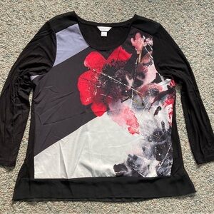 CHRISTOPHER & BANKS Petite Embellished Floral Long Sleeve Black Red Gray size XL